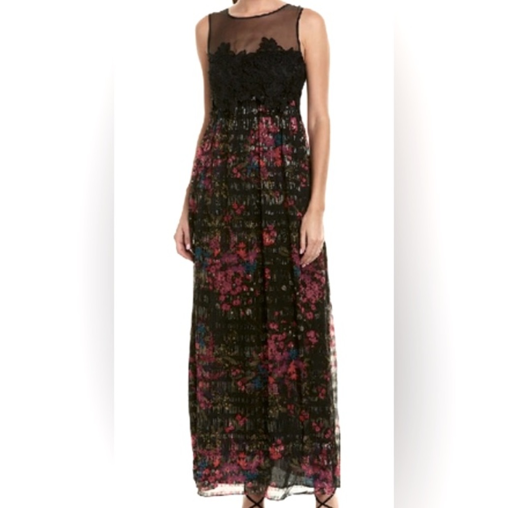 🆕‎ TRINA TURK Betton Black Floral Silk Metallic Sleeveless Maxi Dress SZ 4